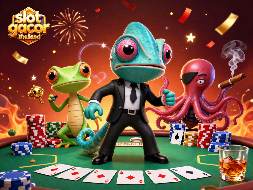 Spin the slot gacor thailand with vibrant characters and rich casino elements in this 3D illustration.