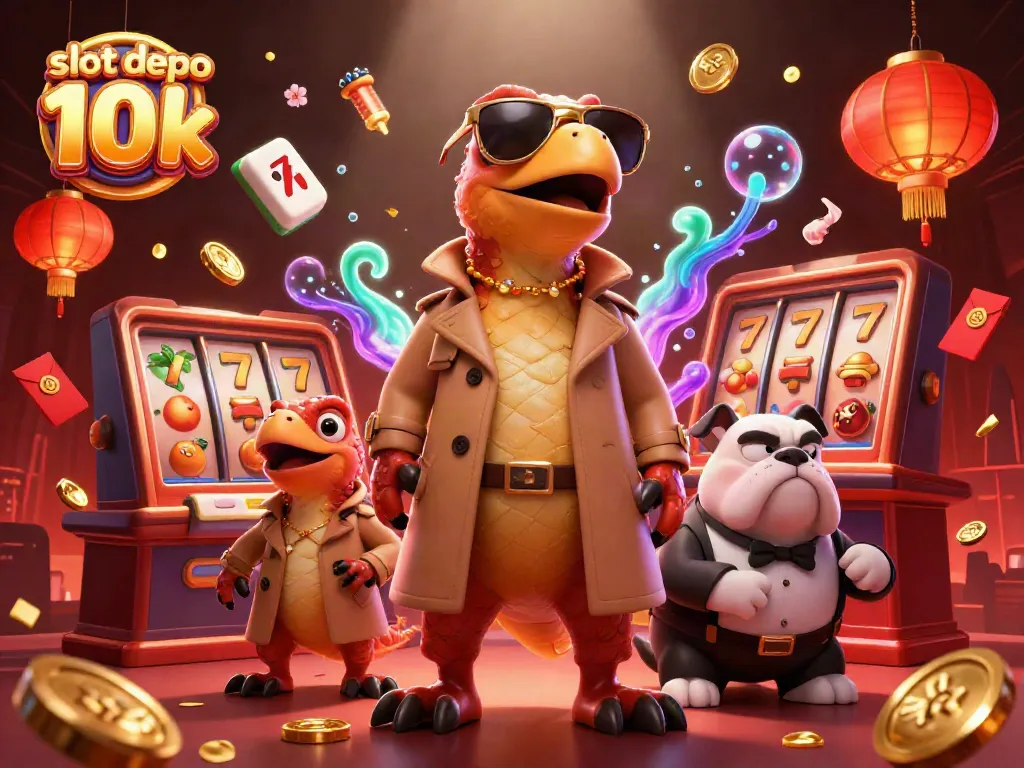 Rasakan keseruan slot depo 10k dengan tiga karakter kartun berinteraksi di kasino.