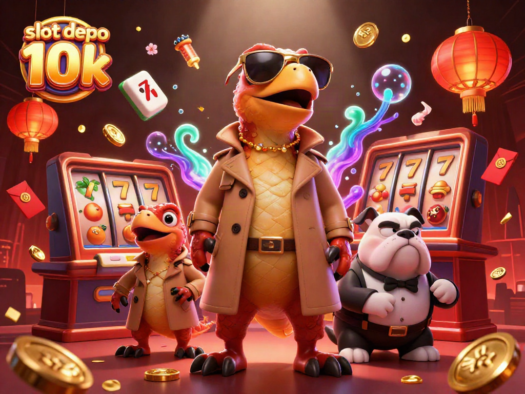 Rasakan keseruan slot depo 10k dengan tiga karakter kartun berinteraksi di kasino.
