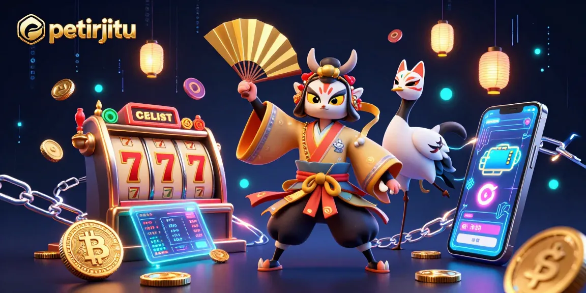 Permainan slot menanti di petirjitu dengan pemandangan kabuki mencolok dan elemen cryptocurrency.