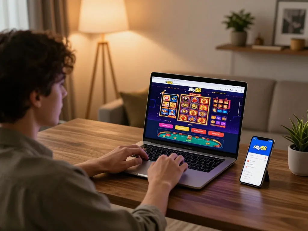 Engaging online casino scene featuring a user exploring betting options on sky88, enhancing gaming strategy at home.