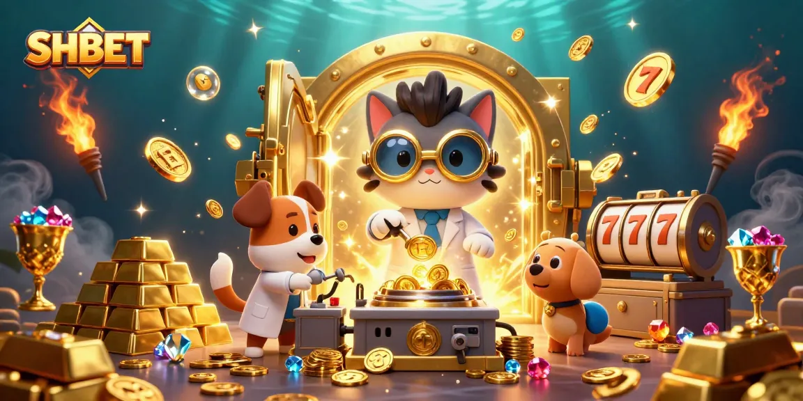 SHBET transforms the gaming experience with a vibrant scene of fortune, featuring mad scientist cat and lab assistant.