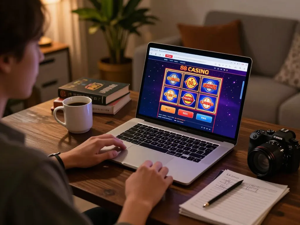 Engaging in online gaming at open 88 casino with vibrant slot graphics and strategy notes.
