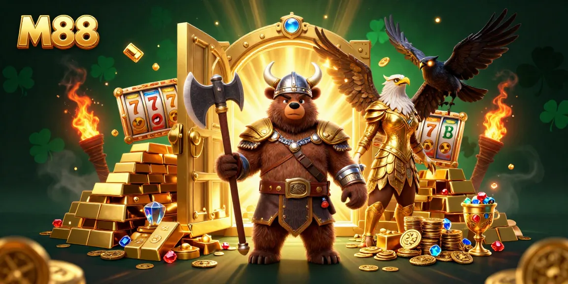 M88 brings thrilling casino action to life in a vibrant 3D illustration of Viking heroes and slot reels.