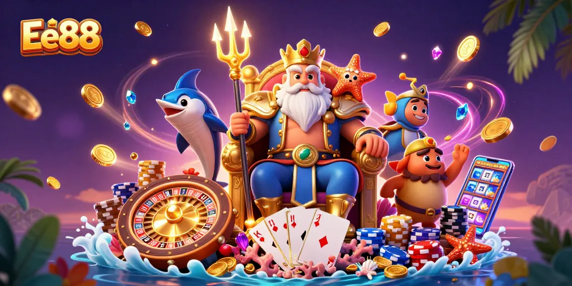 Experience Ee88 with exciting casino action featuring Neptune, treasure coins, and vibrant gaming elements.