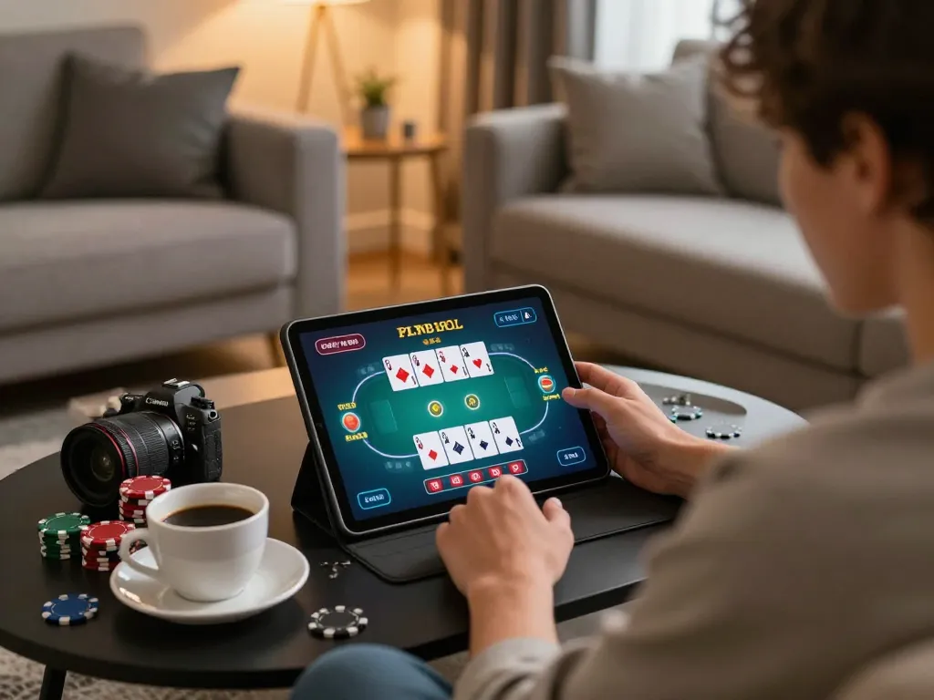 Engaging in poker gameplay via tablet link vào KO66 with cozy home setup.