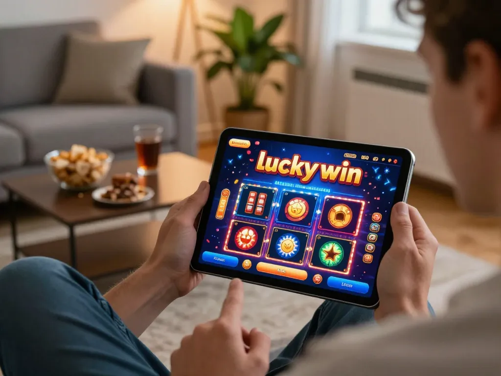 Player engaging in luckywin online gambling on a tablet in a cozy home setting, showcasing excitement and comfort.