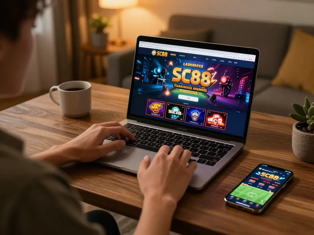 Engaging with SC88 online gaming platform on a laptop for exciting betting