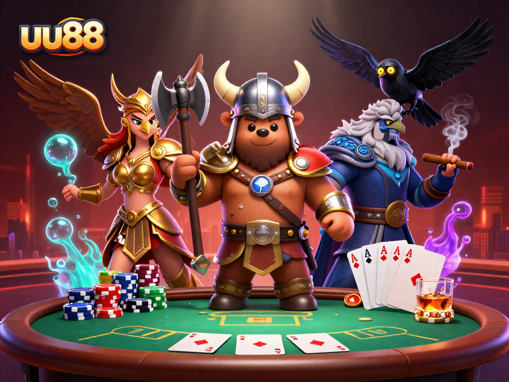 Experience thrilling poker action at uu88 with our Viking guardian and Valkyrie, surrounded by poker chips and cards.