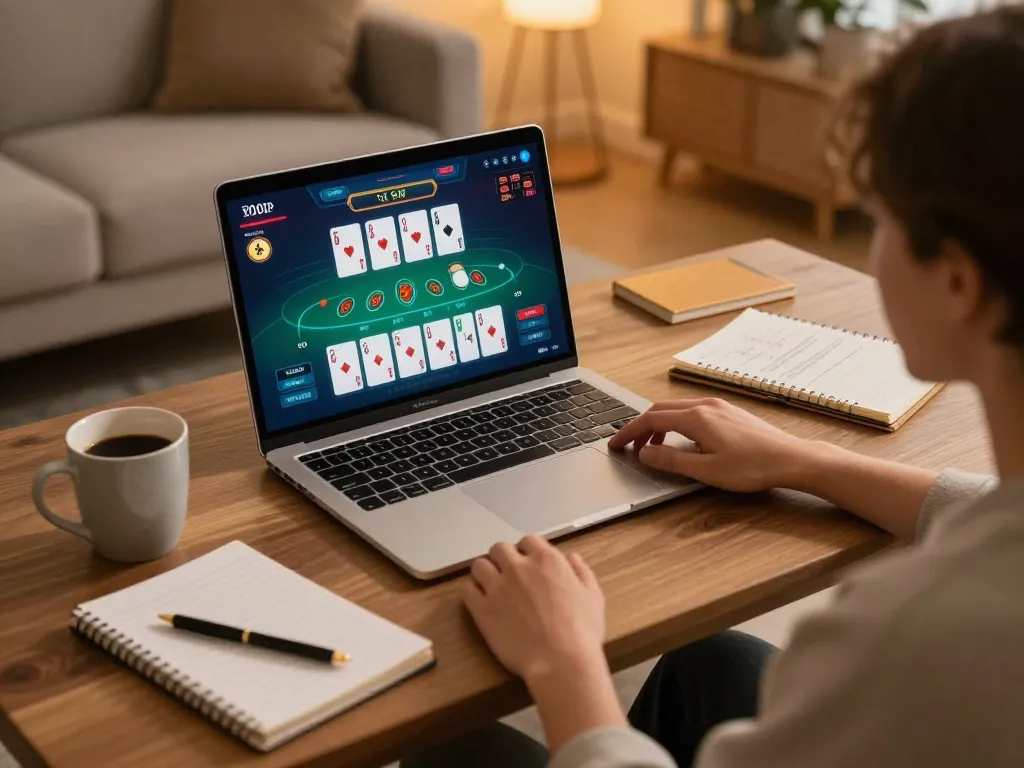 Engaged player using 789club for blackjack gameplay in a cozy home setting with strategy notes.