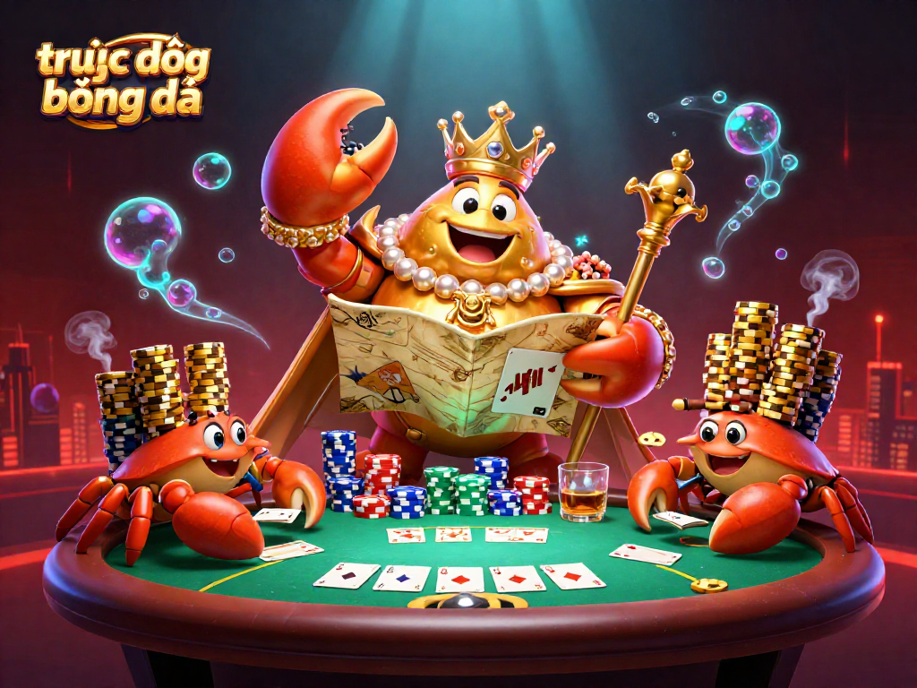 Experience trực tiếp bóng đá in stunning quality with dynamic casino-themed 3D artwork showcasing a golden crab emperor and poker elements.