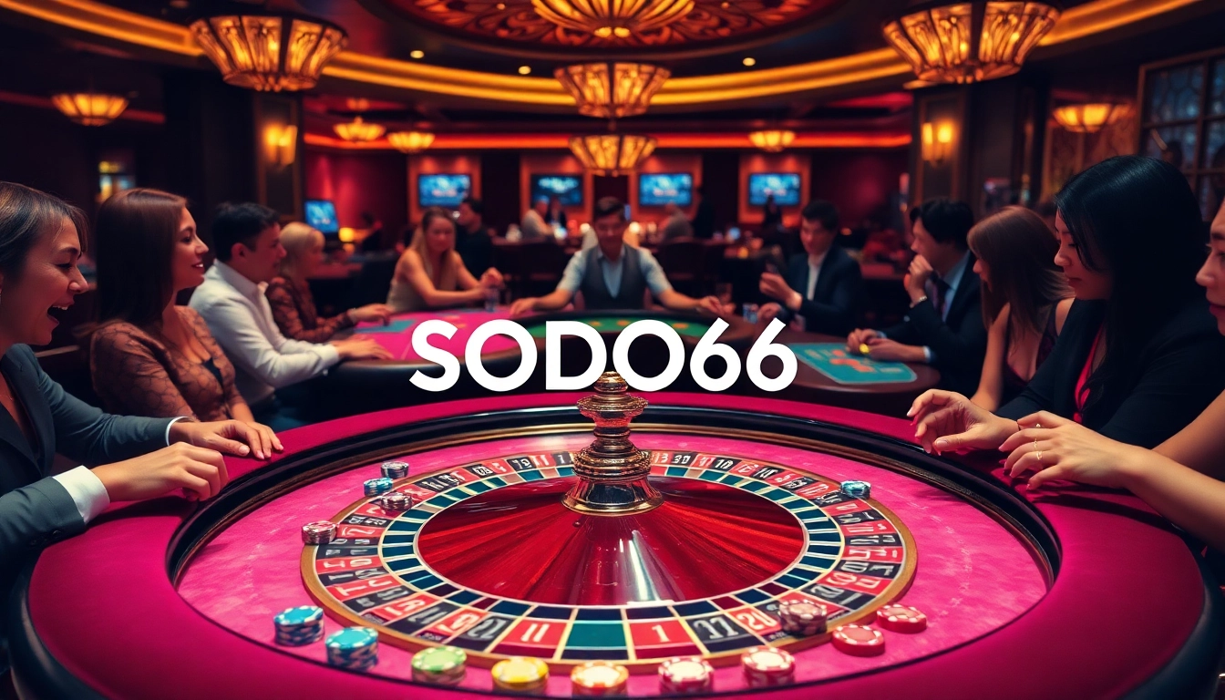 SODO66 roulette table filled with colorful chips and excited players, showcasing luxury gambling.