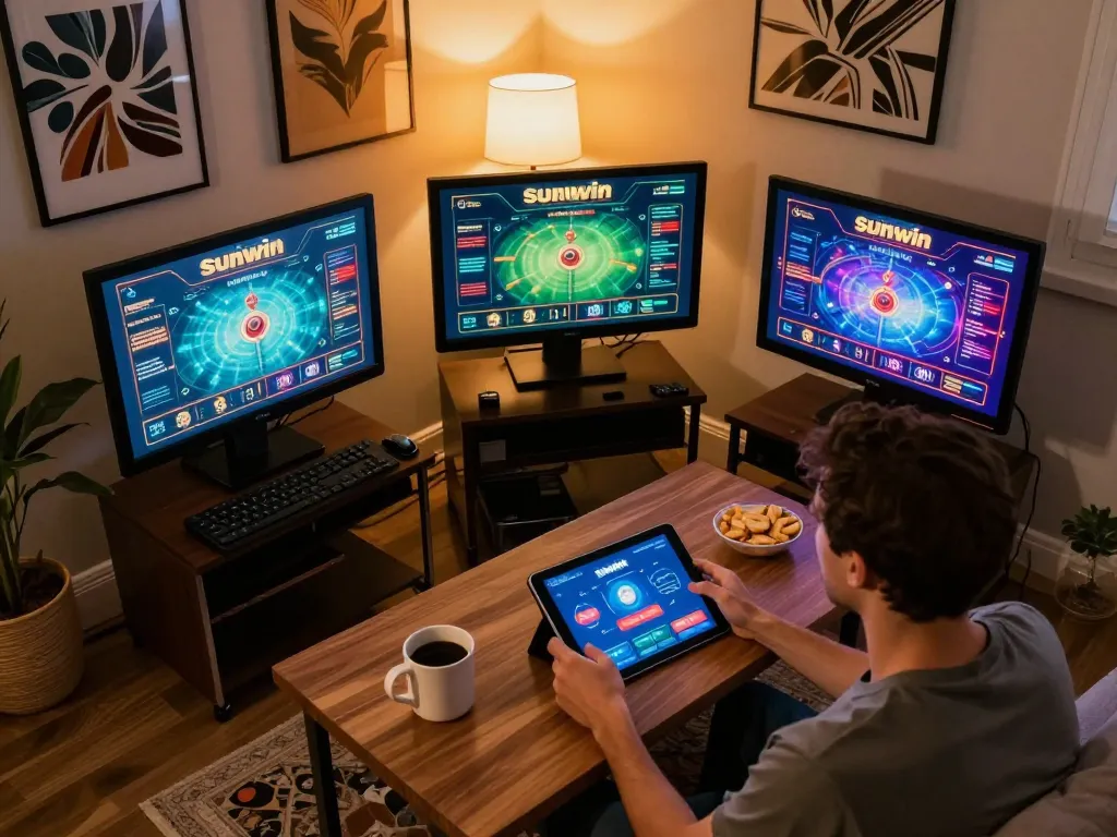 Sunwin player engaging in online gaming with tablet in cozy living room setting