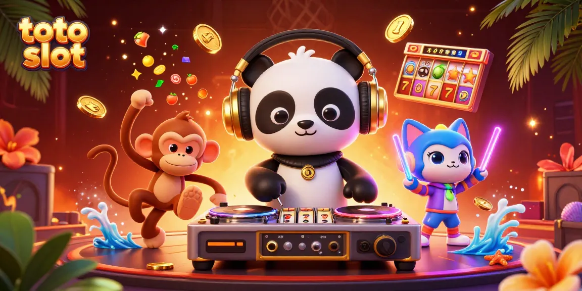 Experience the thrill of toto slot with DJ panda, dancing monkey, and glowing kitten in a vibrant casino scene.
