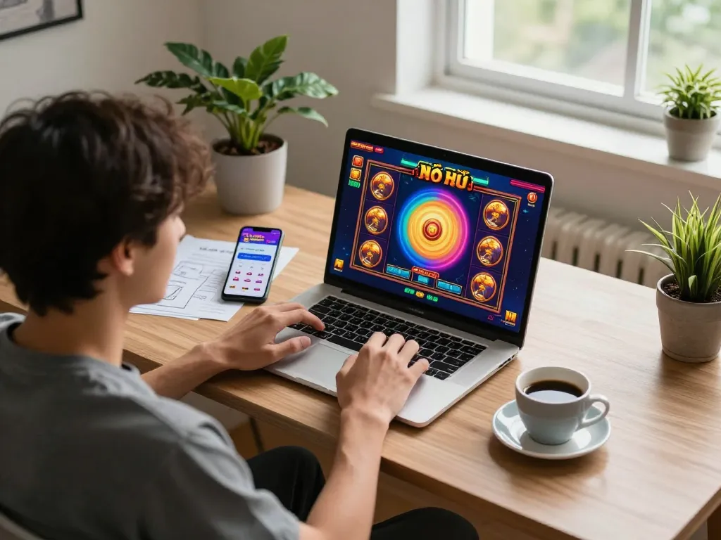Nổ hũ tại Luck8 gameplay on a laptop showcases an exciting slot experience with graphics and betting options.