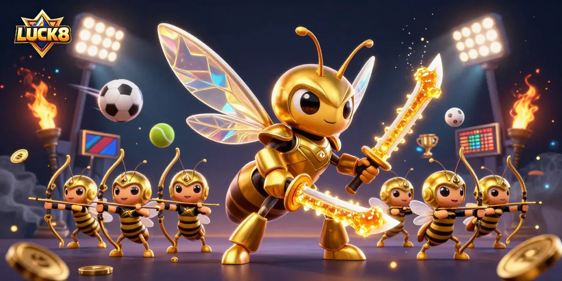 LUCK8 showcases exciting betting action with a dynamic scene featuring a giant hornet warrior and game elements.