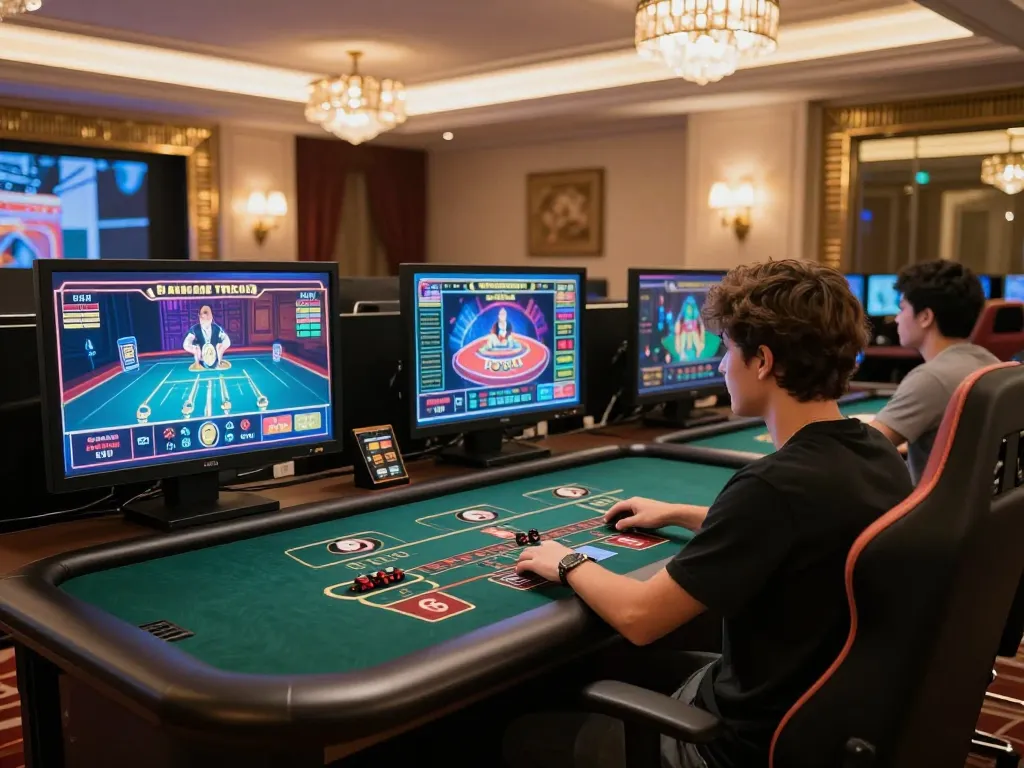 Playing GO8 live dealer games in a luxury online casino setup, showcasing multiple screens and elegant decor