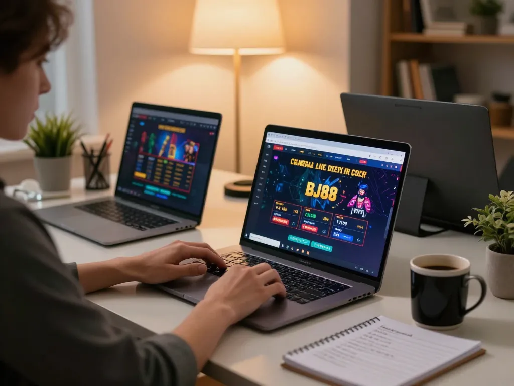 Bj88 player engaging in live dealer gaming from stylish home office, featuring a laptop and strategy notes