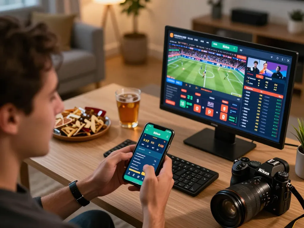 Experience the excitement of online sports betting using link vào in a cozy home environment with vibrant visuals.