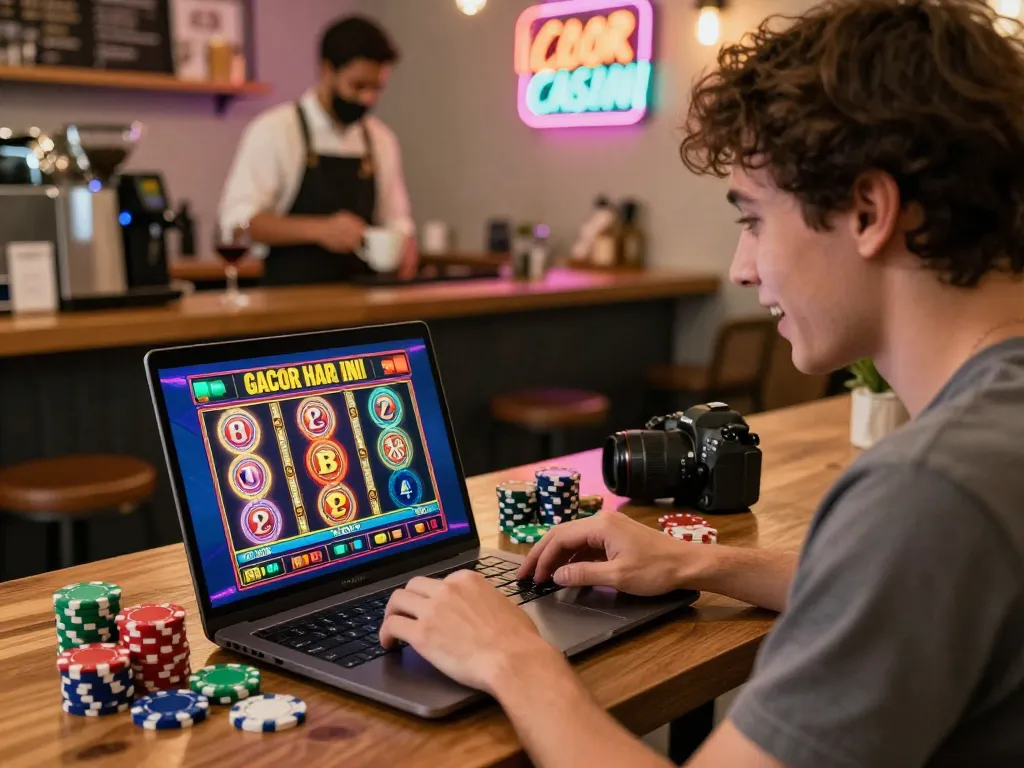 Pemain yang bersemangat menikmati slot gacor hari ini di kafe yang nyaman, dikelilingi oleh token berwarna-warni dan promosi kasino online.