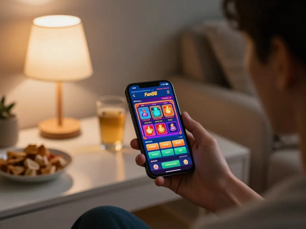 Engaging with fun88 app on smartphone while enjoying online betting at home, reflecting a strategic gaming moment