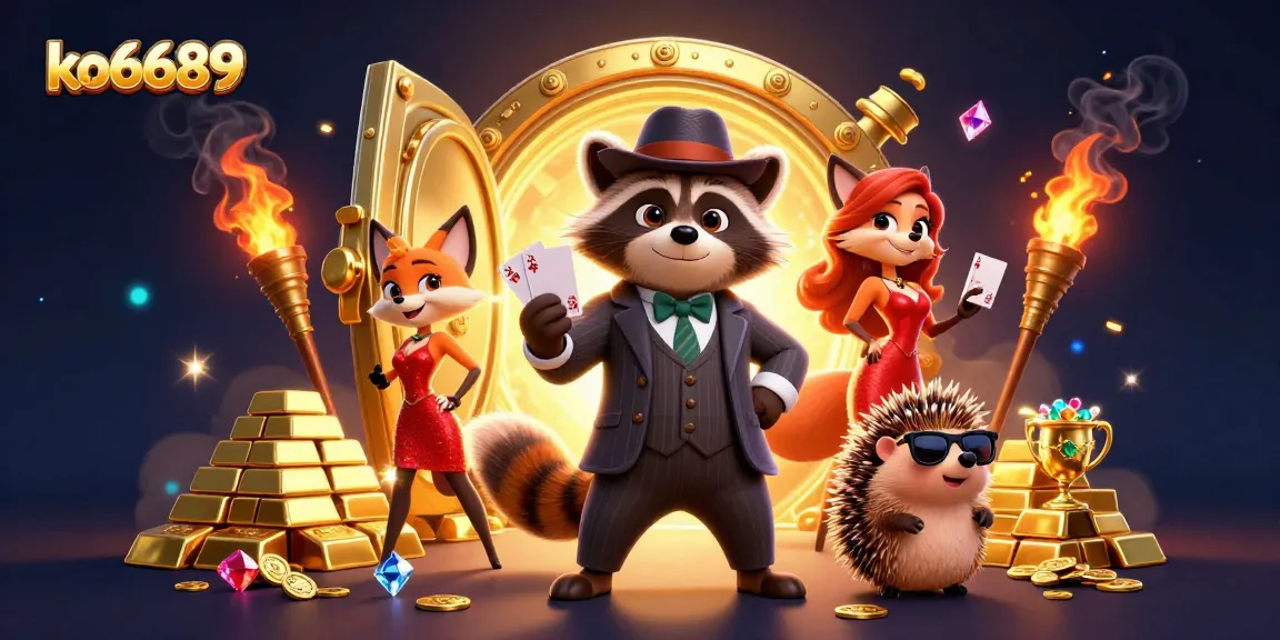 Experience thrilling games at ko6689 with a charming raccoon, fox lady, and bouncer in a bustling casino setting.