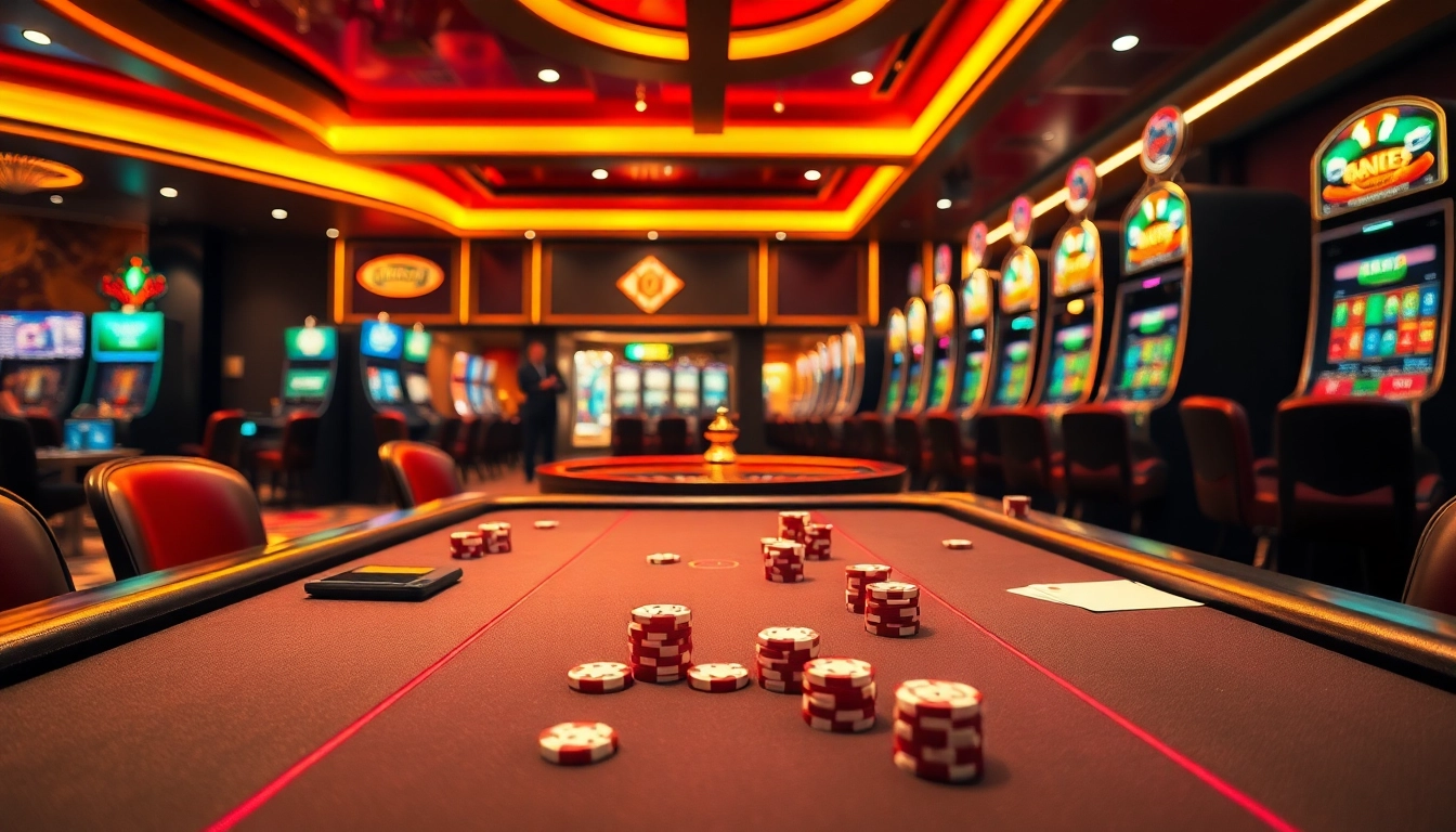 Exciting gaming action at i9bet casino featuring poker table, roulette wheel, and slot machines.