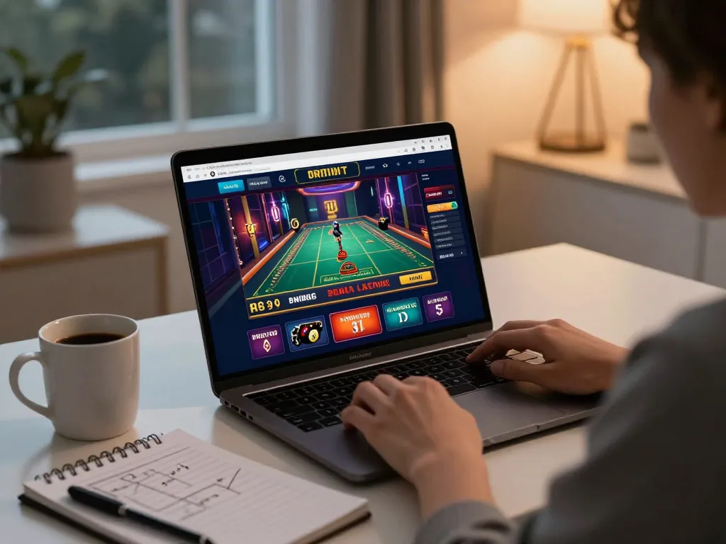 Engaging with 789club online casino game on a laptop at home, showcasing strategic gameplay.