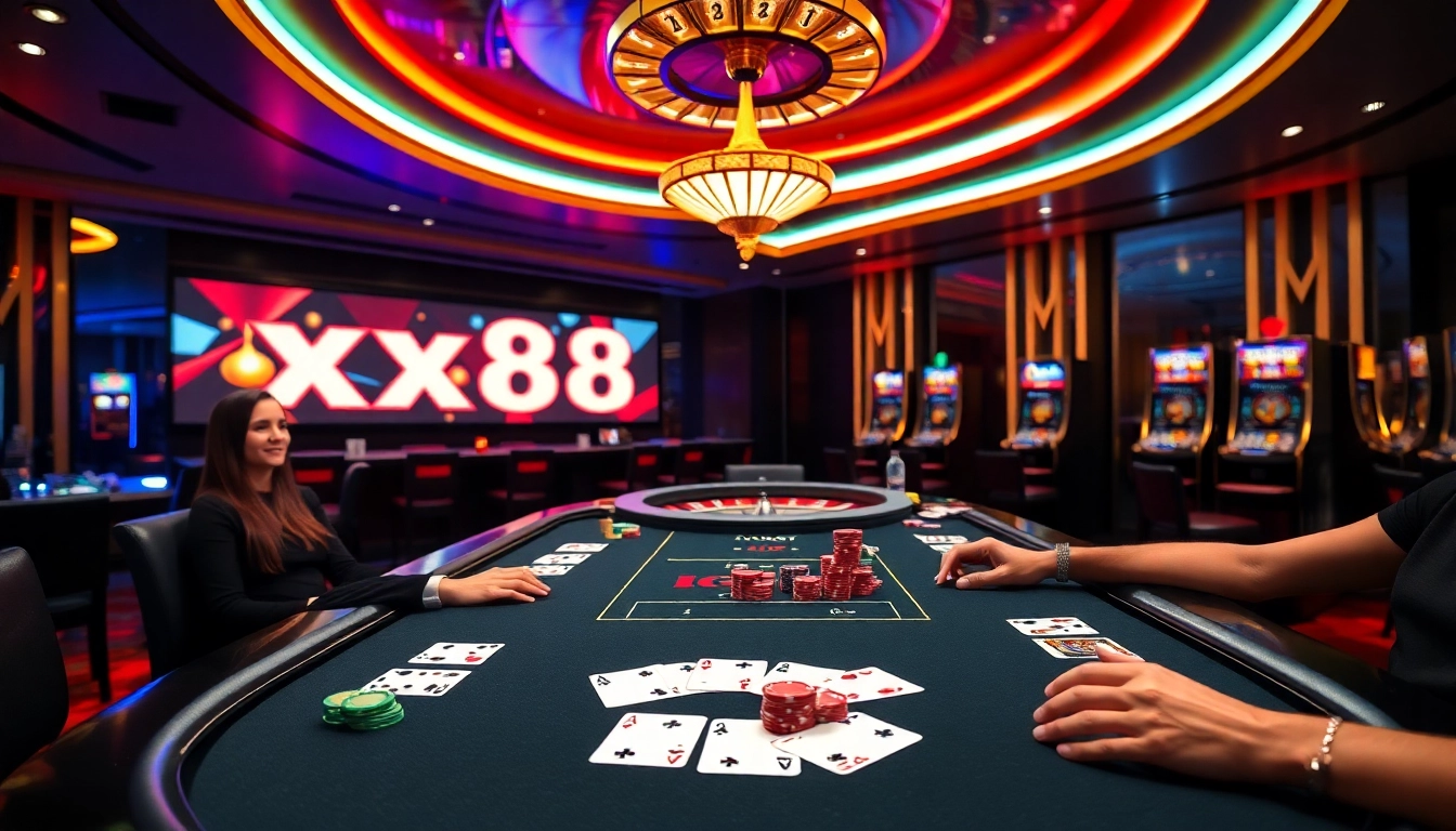 Exciting poker game at nhà cái xx88 featuring vibrant chips and dynamic betting action.