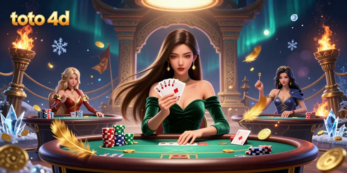 Terlibat dengan strategi toto 4d di meja poker mewah yang dipenuhi dengan token emas dan elemen kasino yang cerah.