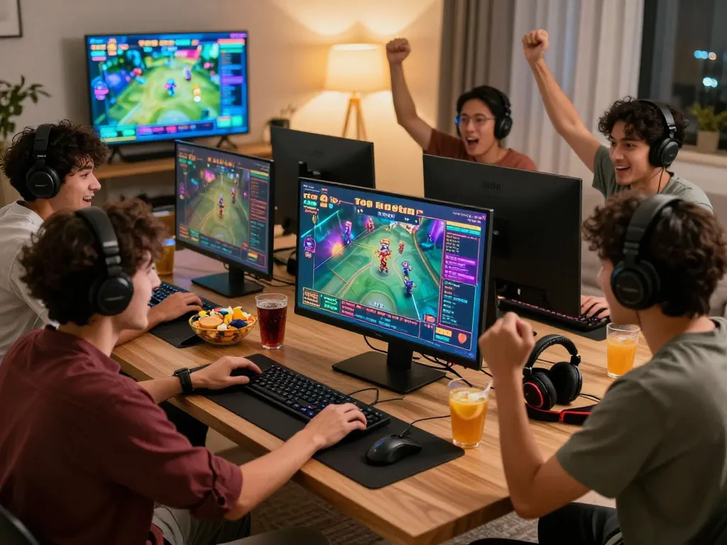 Friends enjoying an exciting gaming night on the tot88 platform amidst snacks and vibrant decor.