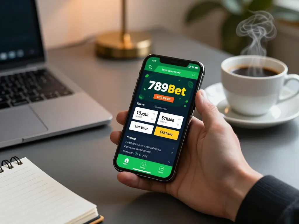 Person using the 789bet app on smartphone for live betting in a cozy setup.