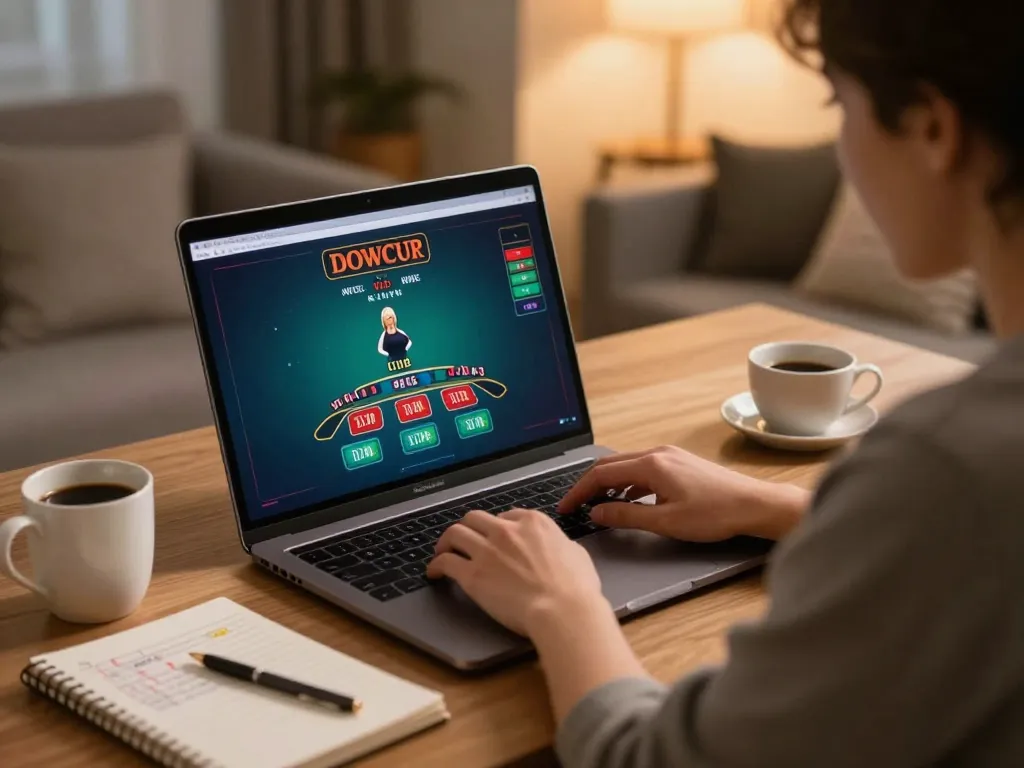 Engaged player using MM88 platform for live dealer blackjack in cozy home setting.