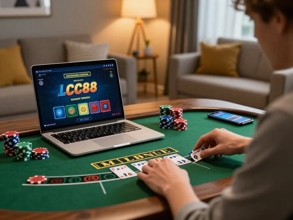 Lc88 đăng nhập - Engaged player strategizing in online blackjack game using laptop, promoting responsible gambling.
