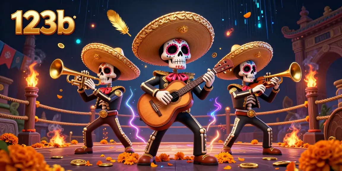 Experience thrilling action at 123b with a vibrant skeleton mariachi band in a dynamic casino scene.