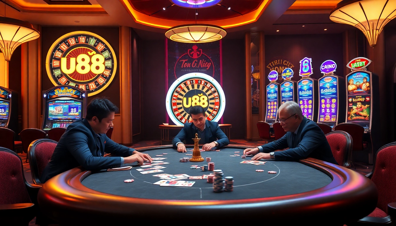 High-stakes players strategizing at the casino with table games and the uu 88 logo illuminating the scene.