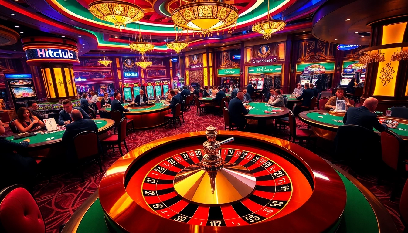 Hitclub players enjoying high-stakes poker at a luxurious casino table, vibrant atmosphere.