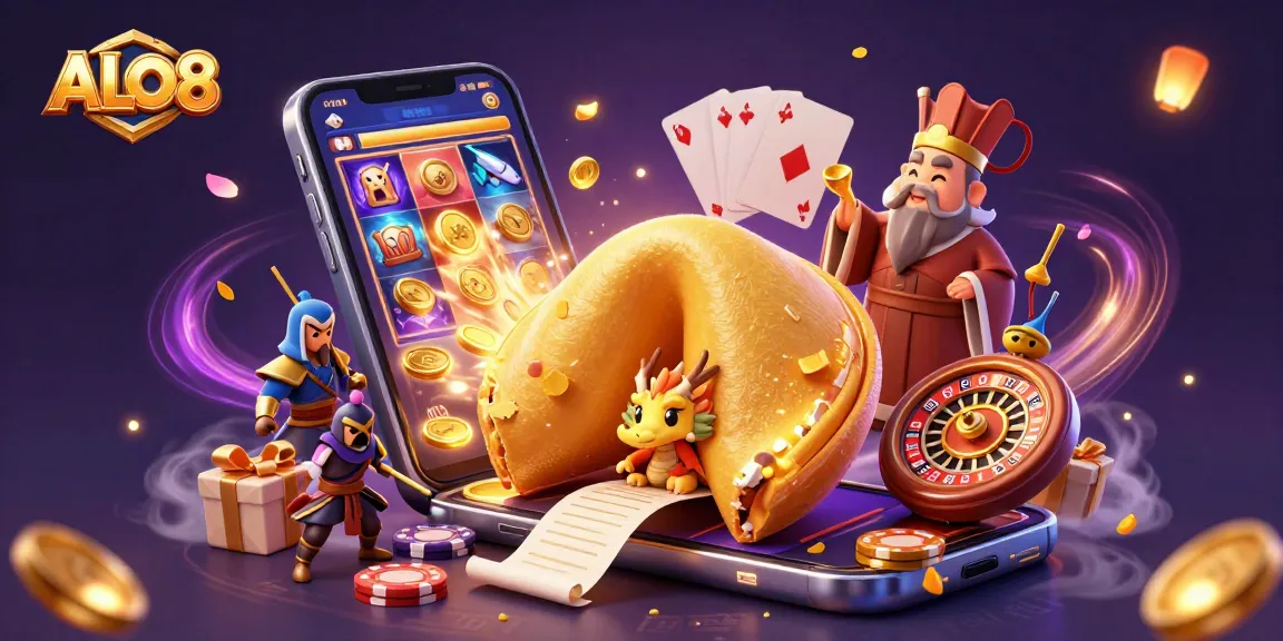 Win big at ALO8 with a vibrant 3D illustration of fortune and gaming showcasing dynamic casino elements.