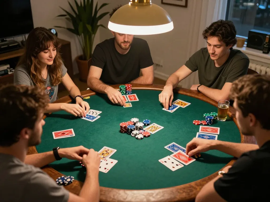 Engaged players enjoying poker night at home, showcasing MM 99 gaming setups with chips and cards.