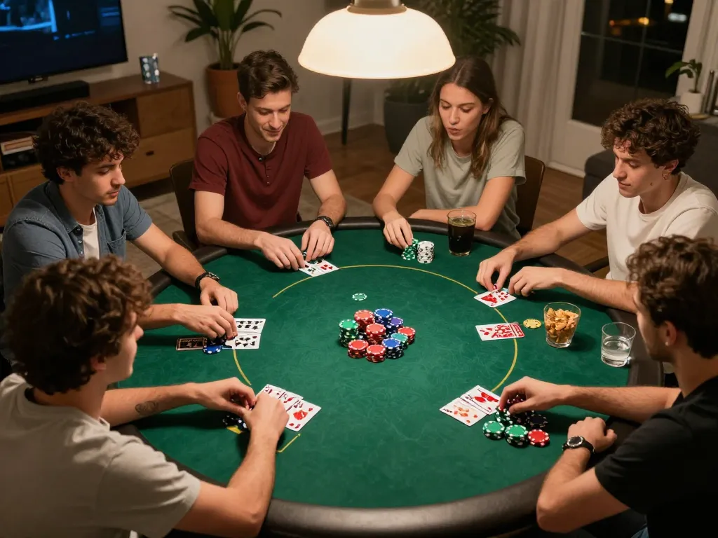 Friends playing poker at home during an exciting sun win game night.