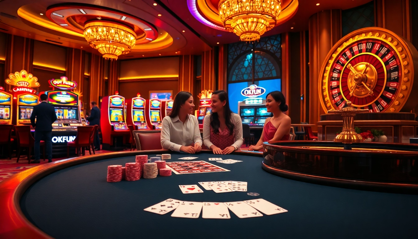 OKFUN casino experience showcasing thrilling gameplay and vibrant atmosphere with poker chips and a roulette wheel.