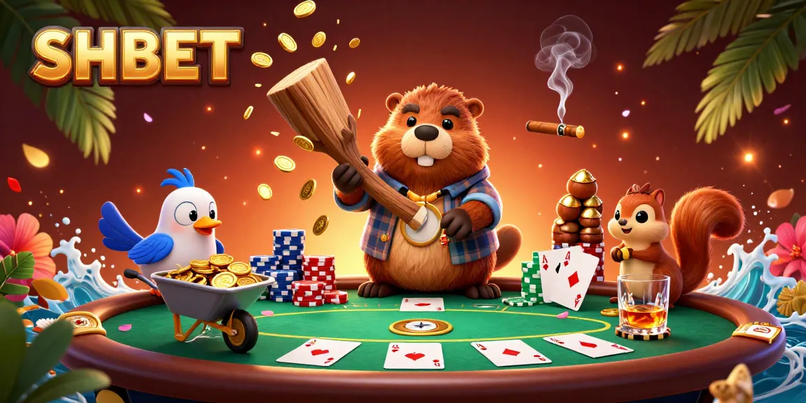 Experience exciting gaming at SHBET with a vibrant 3D casino illustration featuring our adventurous beaver.