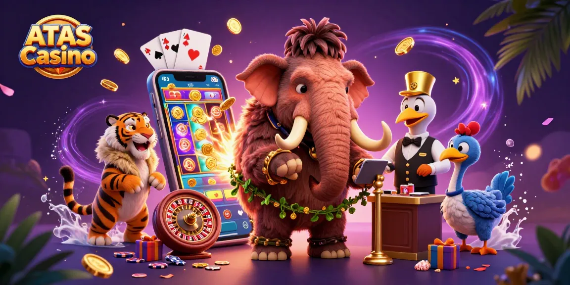 ATAS Casino illustration featuring a woolly mammoth bouncer checking IDs in a vibrant casino atmosphere.