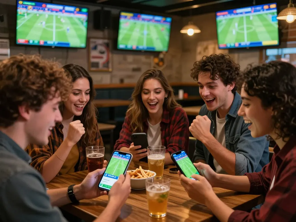 Friends celebrating wins using the kèo nhà cái hôm nay app in a lively sports bar during a match.