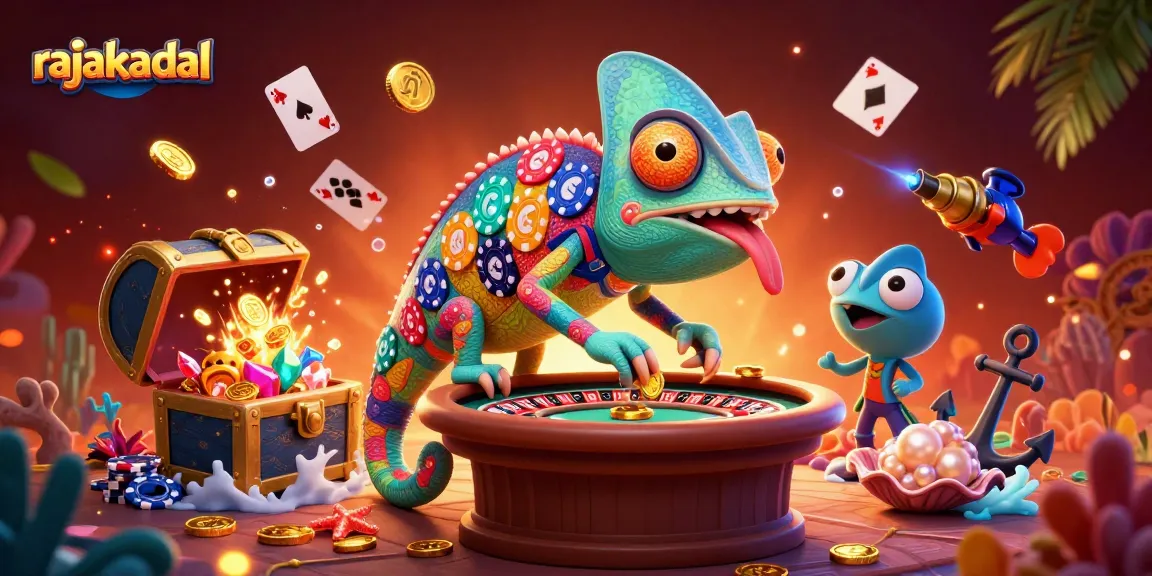 Menangkan hadiah di rajakadal dengan chameleon pemilik kasino yang menarik koin emas dari meja.