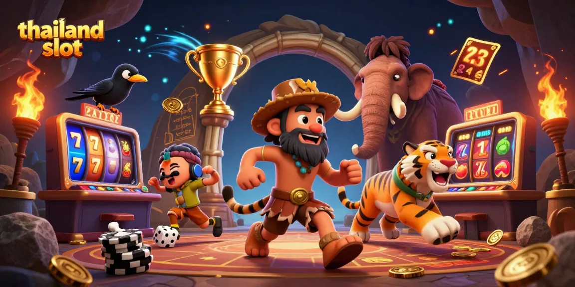 Engage with the thrilling thailand slot action as the caveman duo and their sabertooth partner celebrate wins in a vibrant casino.