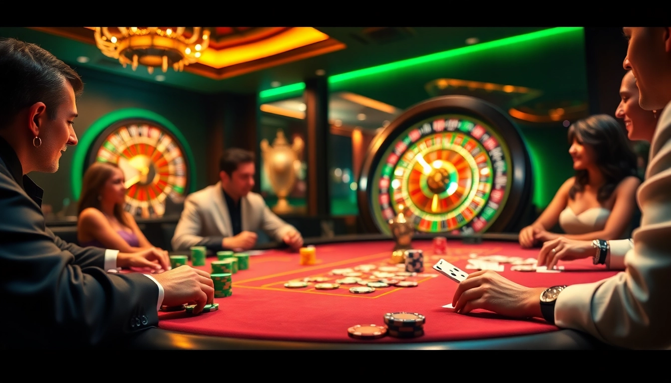 Players enjoying a thrilling poker game in a luxurious casino setting at F8bet, capturing the excitement of online gambling.
