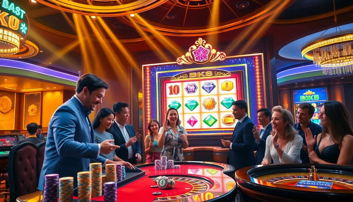 Players enjoying the BK8 slot game in a luxurious casino environment filled with excitement.