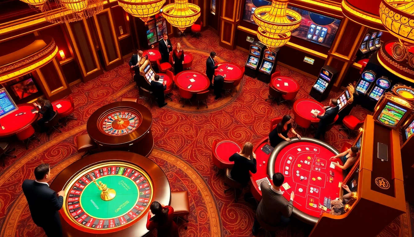 Experience excitement at King88 with luxurious casino tables, vibrant slot machines, and energetic players.