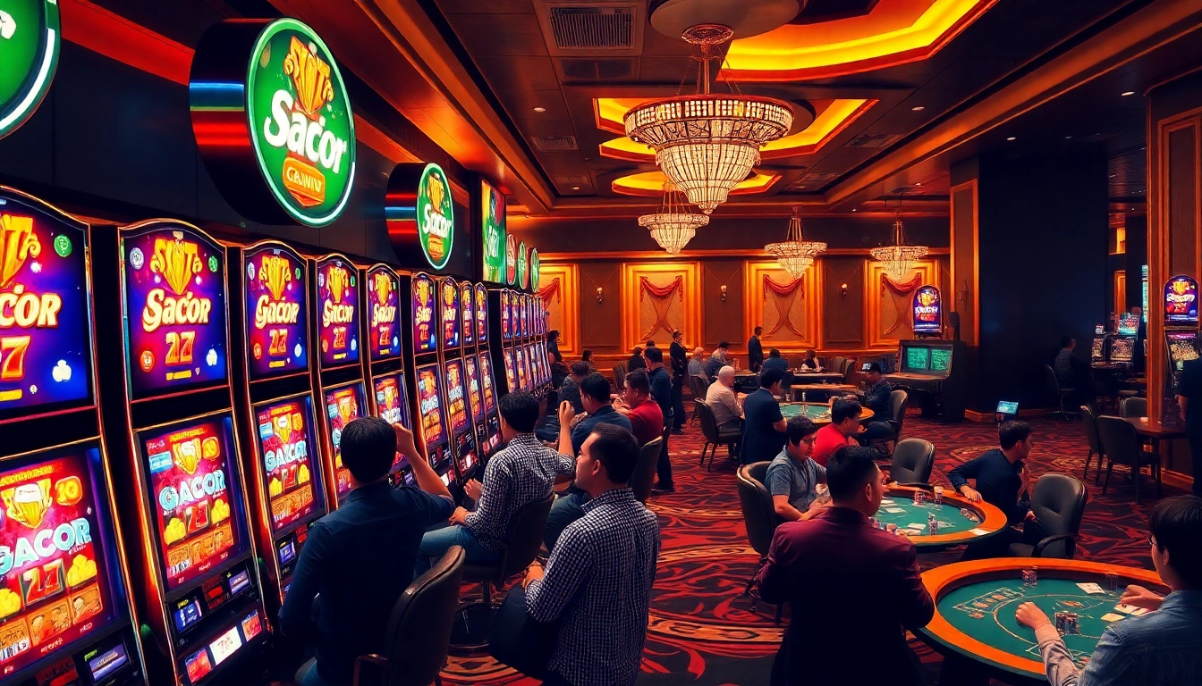 Excited players engaging with slot gacor machines in a luxurious casino setting.